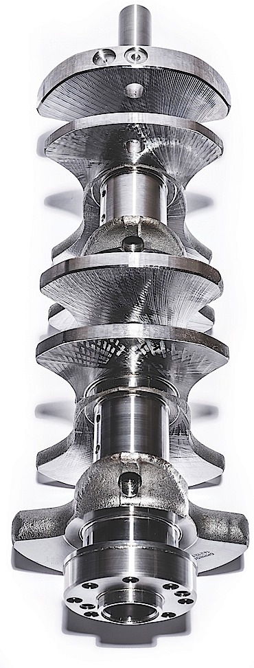 In the all-new Ford 5.2-liter V8, the connecting rods attach to the flat-plane crankshaft at aligned 180-degree intervals – creating what looks like a flat line of counterweights when viewed down the axis of the crankshaft.  This crankshaft configuration improves cylinder exhaust-pulse separation, improving airflow and increasing power.